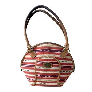 Vintage Guatemalan Handcrafted Striped Leather Santa Fe Aztec Fabric Purse Bag